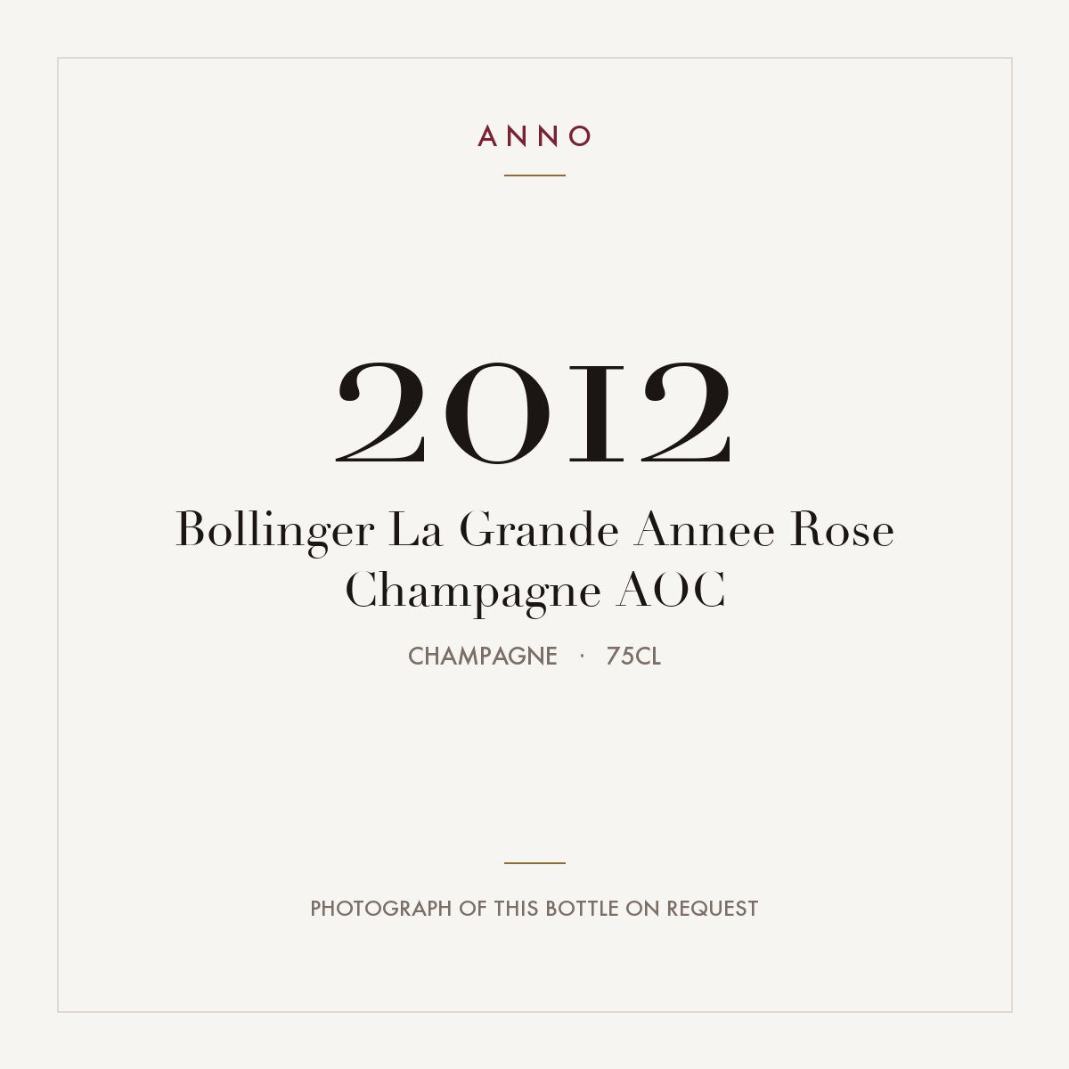 Bollinger La Grande Annee Rose Champagne 2012 AOC 0,75l, Champagne — tarjeta de añada ANNO; foto de la botella real disponible bajo petición