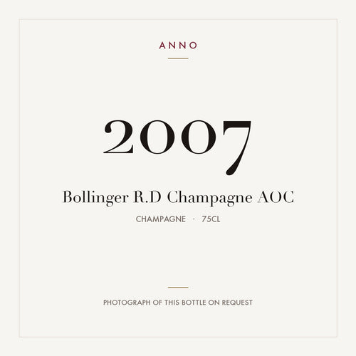 Bollinger R.D Champagne 2007 AOC 0,75l, Champagne — ANNO-Jahrgangskarte; Foto der tatsächlichen Flasche auf Anfrage
