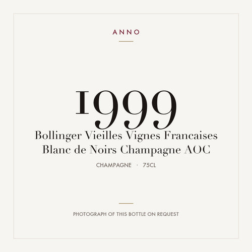 Bollinger Vieilles Vignes Francaises Blanc de Noirs Champagne 1999 AOC 0,75l from Champagne — ANNO vintage card; photograph of the actual bottle available on request