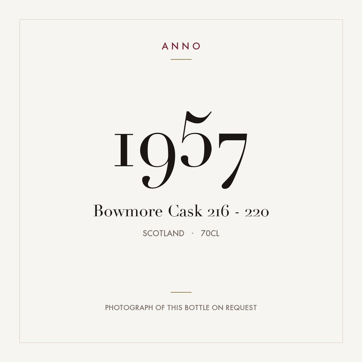Bowmore Cask 216 - 220 1957 0,7l, スコットランド — ANNOヴィンテージカード。実際のボトルの写真はご要望に応じてご用意します