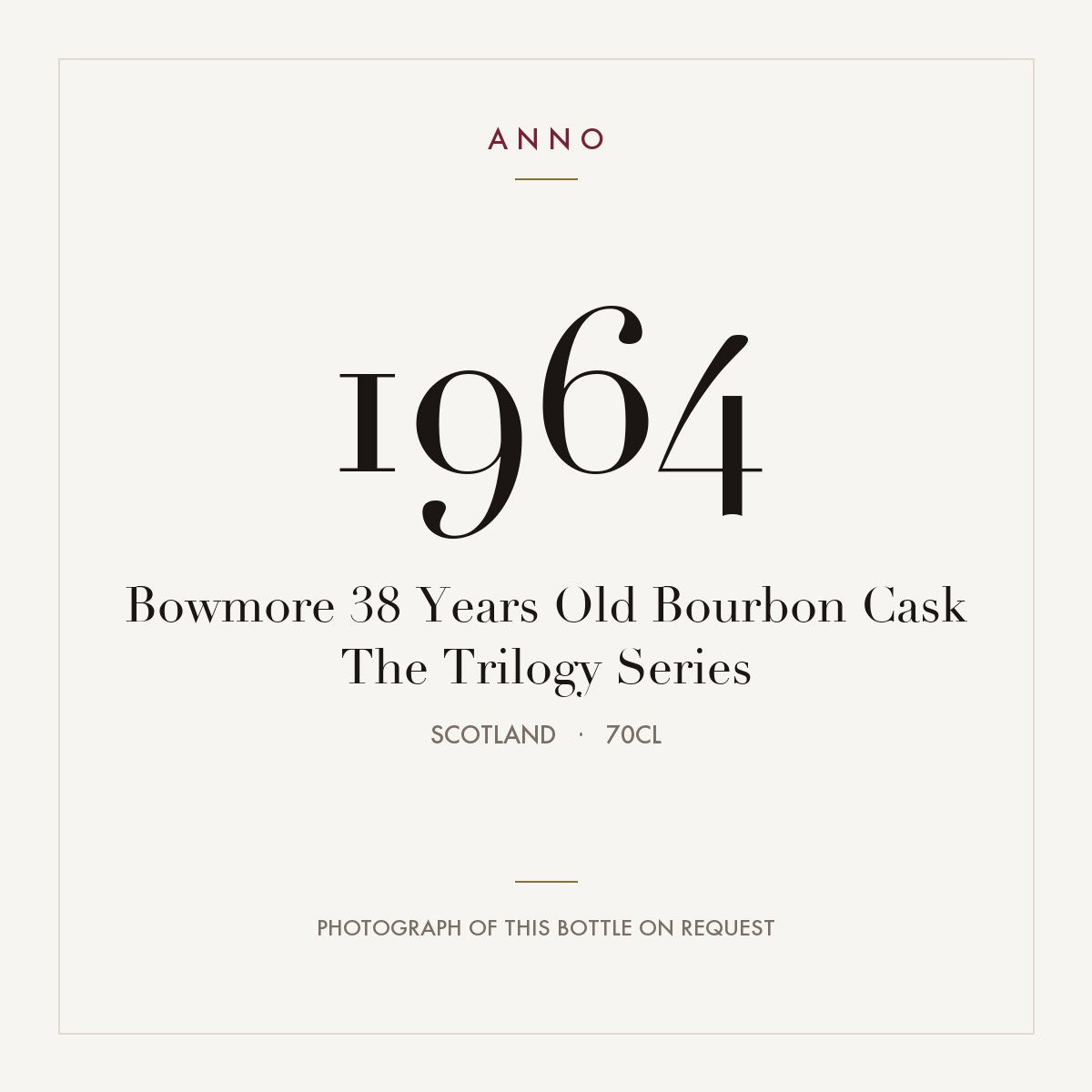 Bowmore 38 Years Old Bourbon Cask The Trilogy Series 1964 0,7l, スコットランド — ANNOヴィンテージカード。実際のボトルの写真はご要望に応じてご用意します