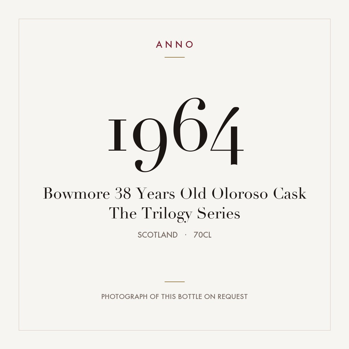 Bowmore 38 Years Old Oloroso Cask The Trilogy Series 1964 0,7l, スコットランド — ANNOヴィンテージカード。実際のボトルの写真はご要望に応じてご用意します