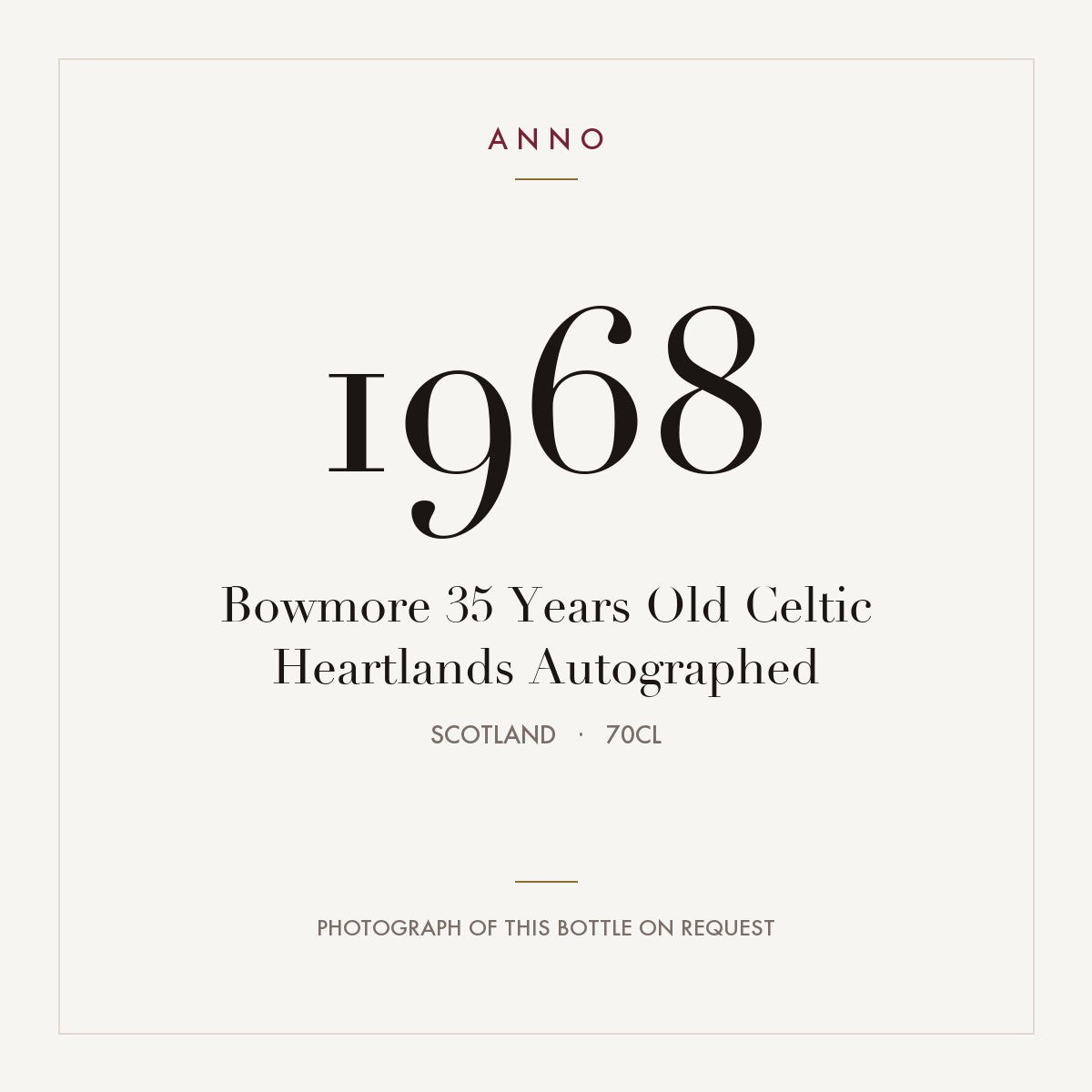 Bowmore 35 Years Old Celtic Heartlands Autographed 1968 0,7l from Scotland — ANNO vintage card; photograph of the actual bottle available on request