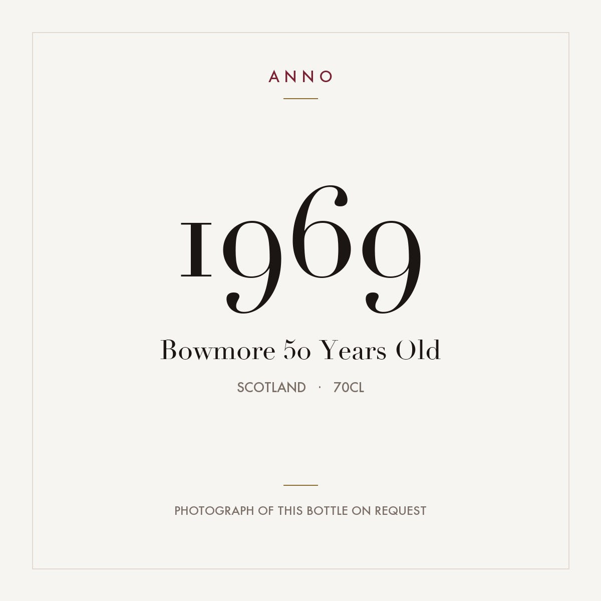 Bowmore 50 Years Old 1969 0,7l, スコットランド — ANNOヴィンテージカード。実際のボトルの写真はご要望に応じてご用意します