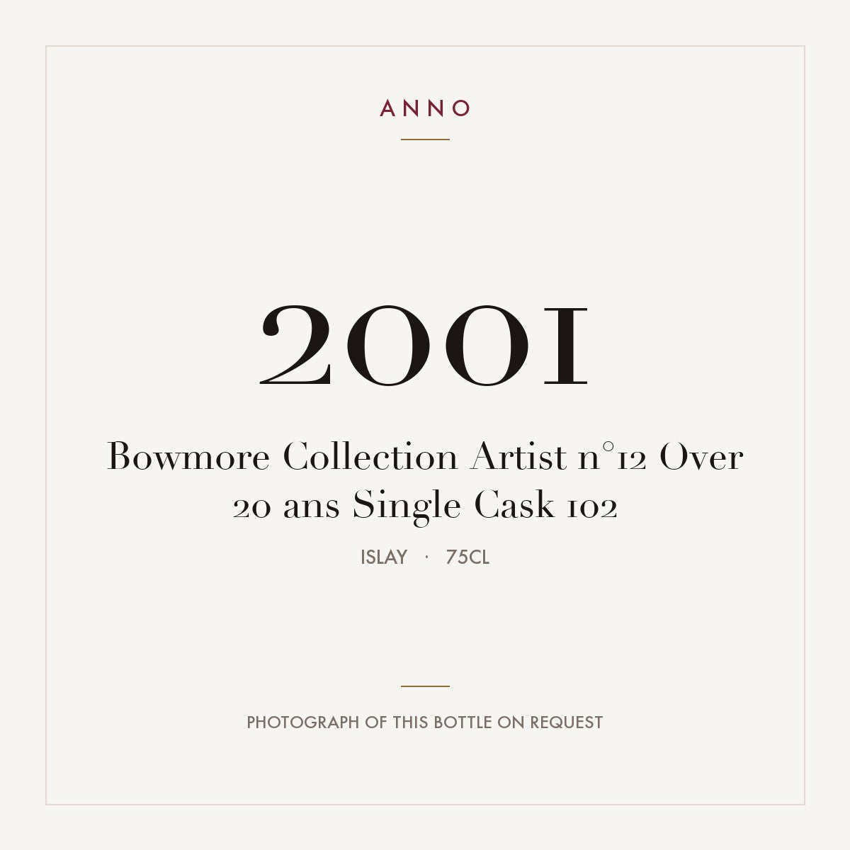 Bowmore Collection Artist n°12 Over 20 ans Single Cask 102 2001 0,75l from Islay — ANNO vintage card; photograph of the actual bottle available on request