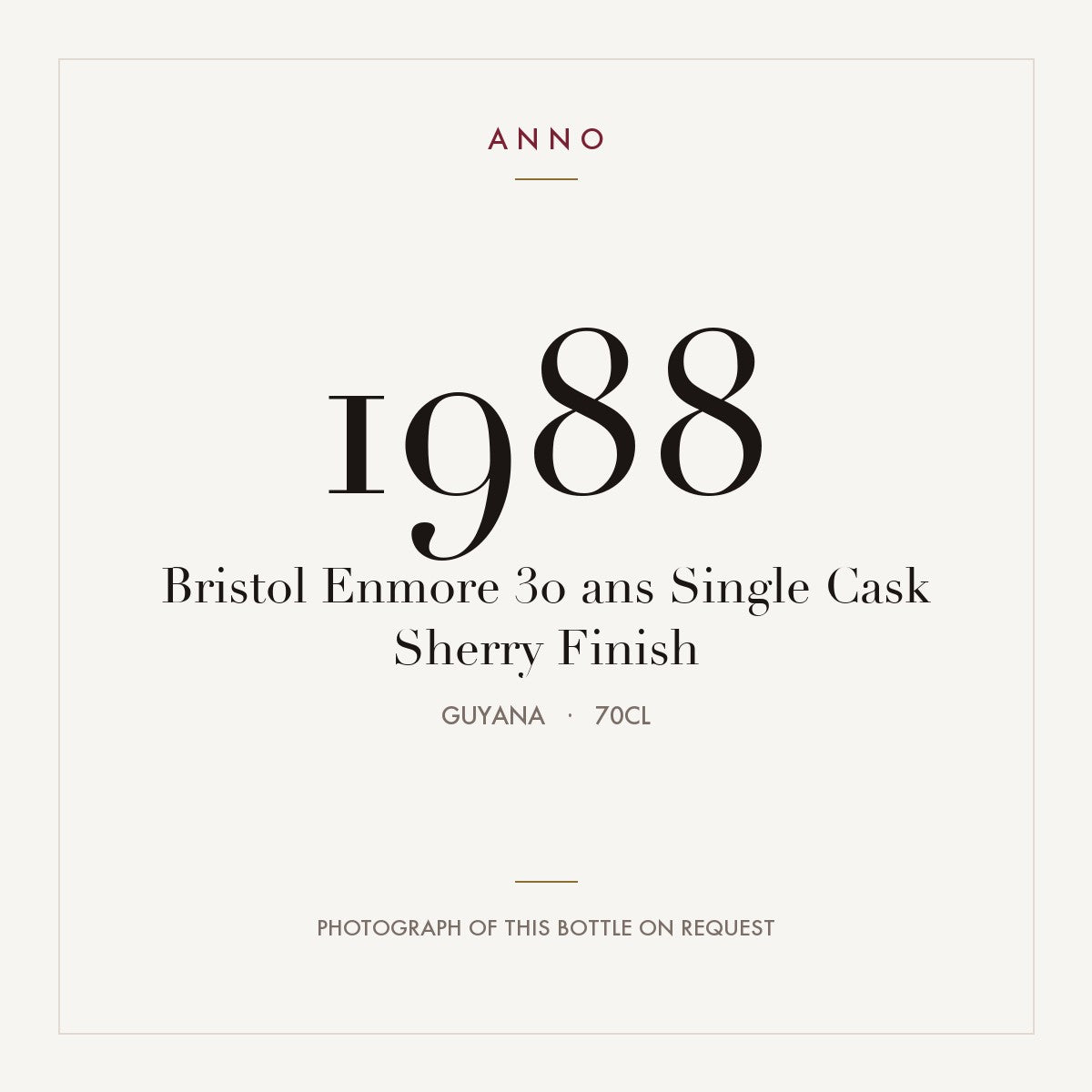 Bristol Enmore 30 ans Single Cask Sherry Finish 1988 0,7l from Guyana — ANNO vintage card; photograph of the actual bottle available on request