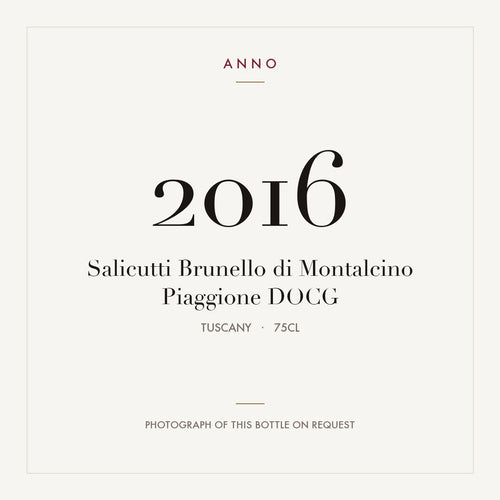 Salicutti Brunello di Montalcino Piaggione 2016 DOCG 0,75l from Tuscany — ANNO vintage card; photograph of the actual bottle available on request