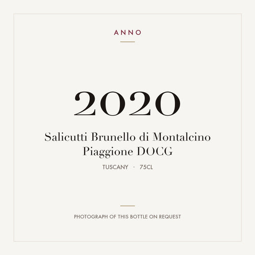 Salicutti Brunello di Montalcino Piaggione 2020 DOCG 0,75l from Tuscany — ANNO vintage card; photograph of the actual bottle available on request