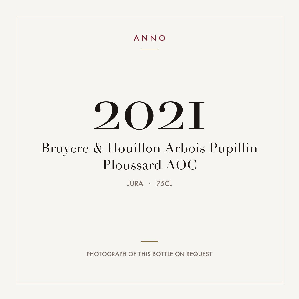 Bruyere & Houillon Arbois Pupillin Ploussard 2021 AOC 0,75l, Jura — carte millésime ANNO ; photo de la bouteille réelle disponible sur demande