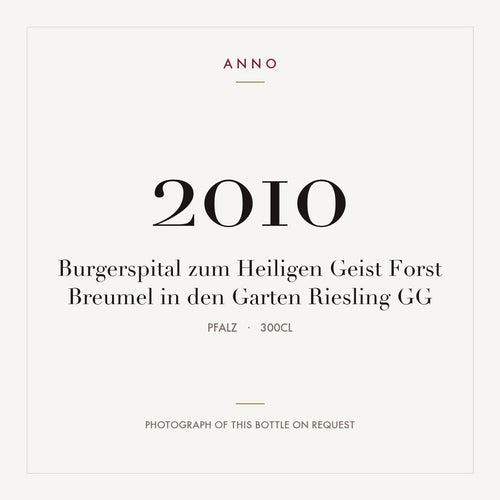 Burgerspital zum Heiligen Geist Forst Breumel in den Garten Riesling GG 2010 3l from Pfalz — ANNO vintage card; photograph of the actual bottle available on request