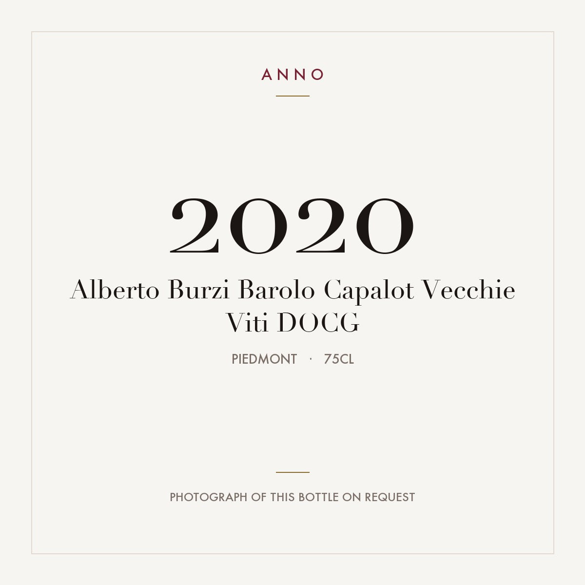 Alberto Burzi Barolo Capalot Vecchie Viti 2020 DOCG 0,75l, Piemonte — cartão de colheita ANNO; fotografia da garrafa real disponível a pedido