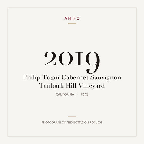 Philip Togni Cabernet Sauvignon Tanbark Hill Vineyard 2019 0,75l from California — ANNO vintage card; photograph of the actual bottle available on request