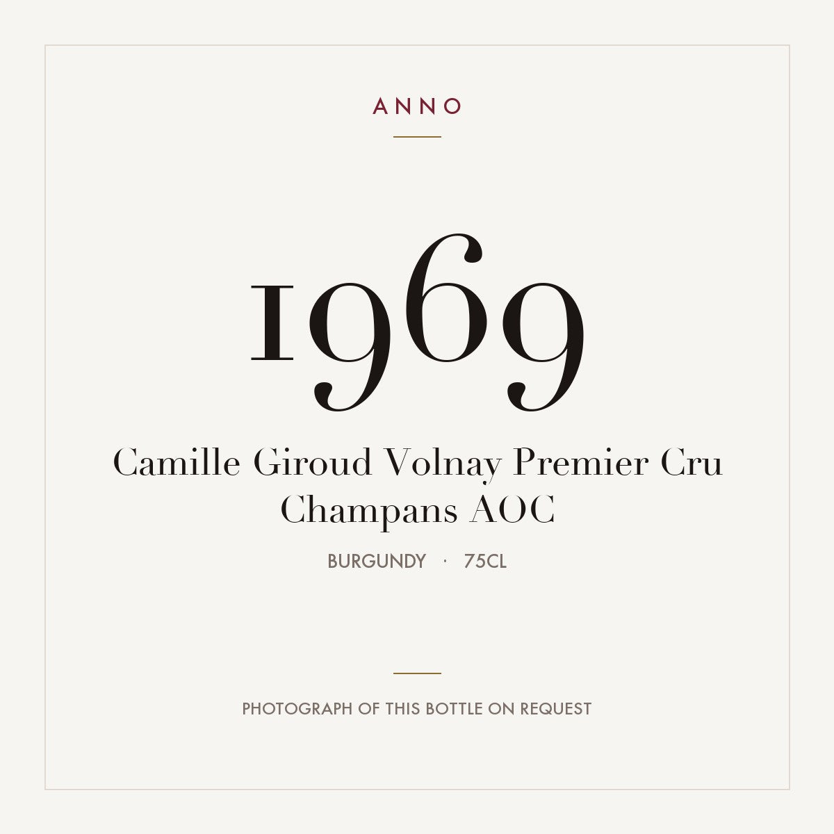 Camille Giroud Volnay Premier Cru Champans 1969 AOC 0,75l, Bourgogne — carte millésime ANNO ; photo de la bouteille réelle disponible sur demande