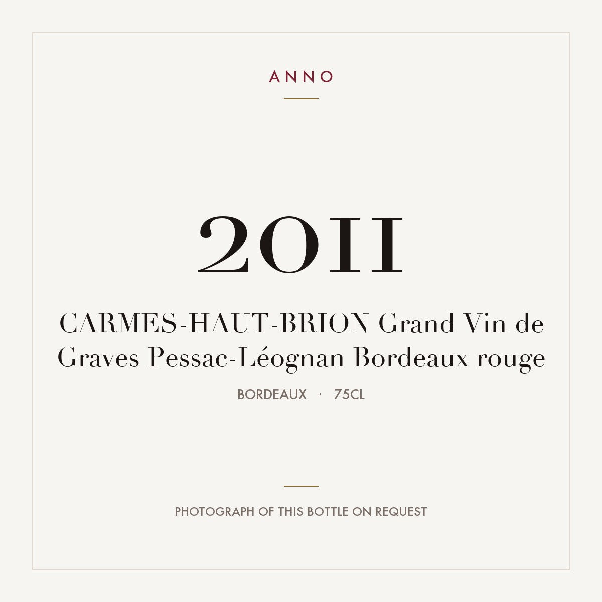 Chateau Les Carmes Haut-Brion Grand Vin de Graves Pessac-Leognan 2011 AOC 0,75l — ANNO vintage card; photograph of the actual bottle available on request