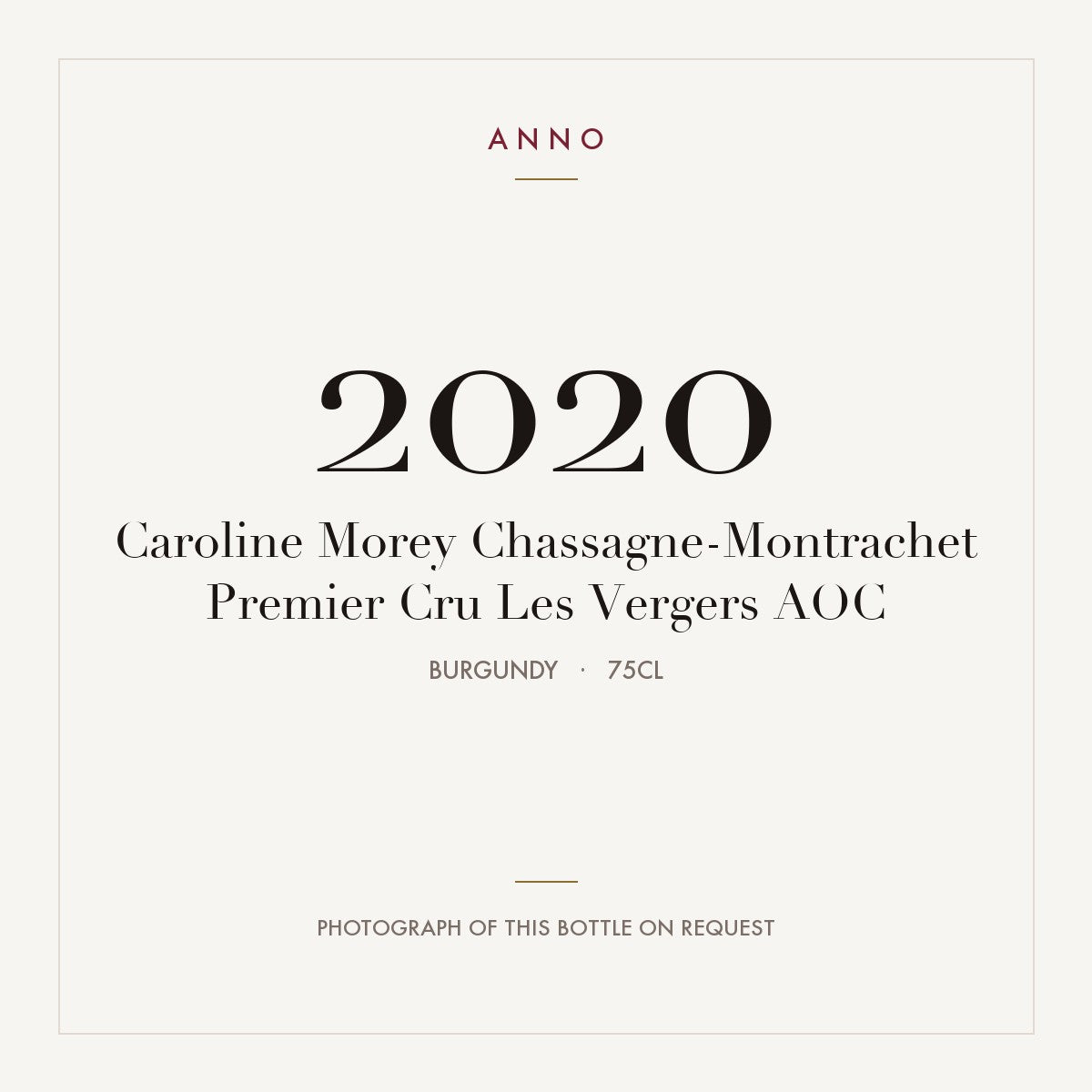 Caroline Morey Chassagne-Montrachet Premier Cru Les Vergers 2020 AOC 0,75l, Burgund — ANNO-Jahrgangskarte; Foto der tatsächlichen Flasche auf Anfrage