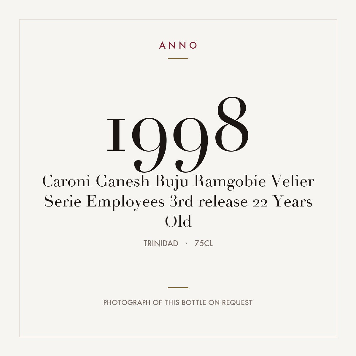 Caroni Ganesh Buju Ramgobie Velier Serie Employees 3rd release 22 Years Old 1998 0,75l — ANNO vintage card; photograph of the actual bottle available on request