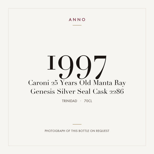 Caroni 25 Years Old Manta Ray Genesis Silver Seal Cask 2286 1997 0,7l from Trinidad — ANNO vintage card; photograph of the actual bottle available on request