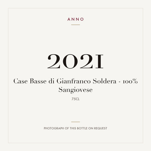 Case Basse di Gianfranco Soldera - 100% Sangiovese 2021 0,75l — card dell'annata ANNO; foto della bottiglia reale disponibile su richiesta