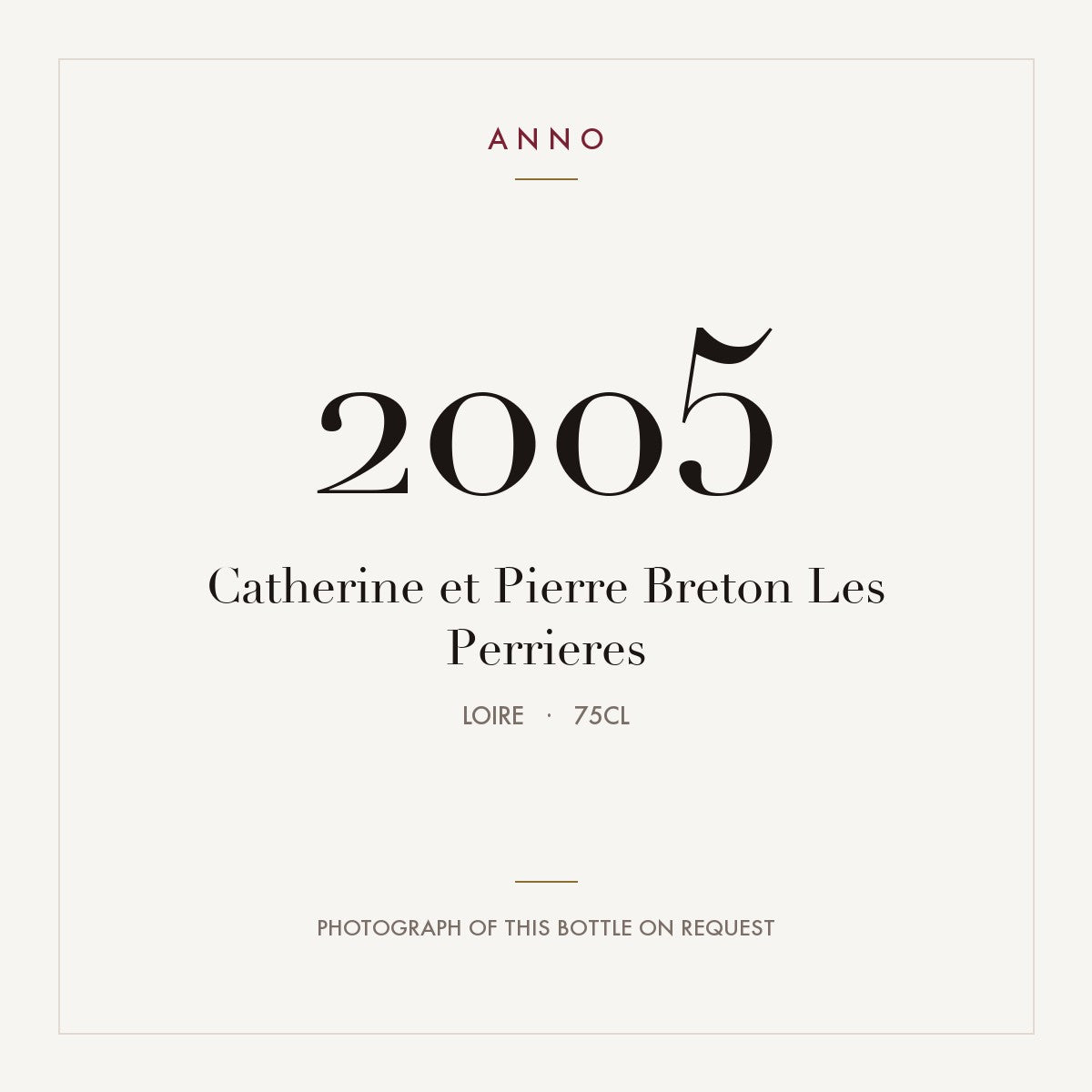 Catherine et Pierre Breton Bourgueil Les Perrieres 2005 AOC 0,75l — carte millésime ANNO ; photo de la bouteille réelle disponible sur demande