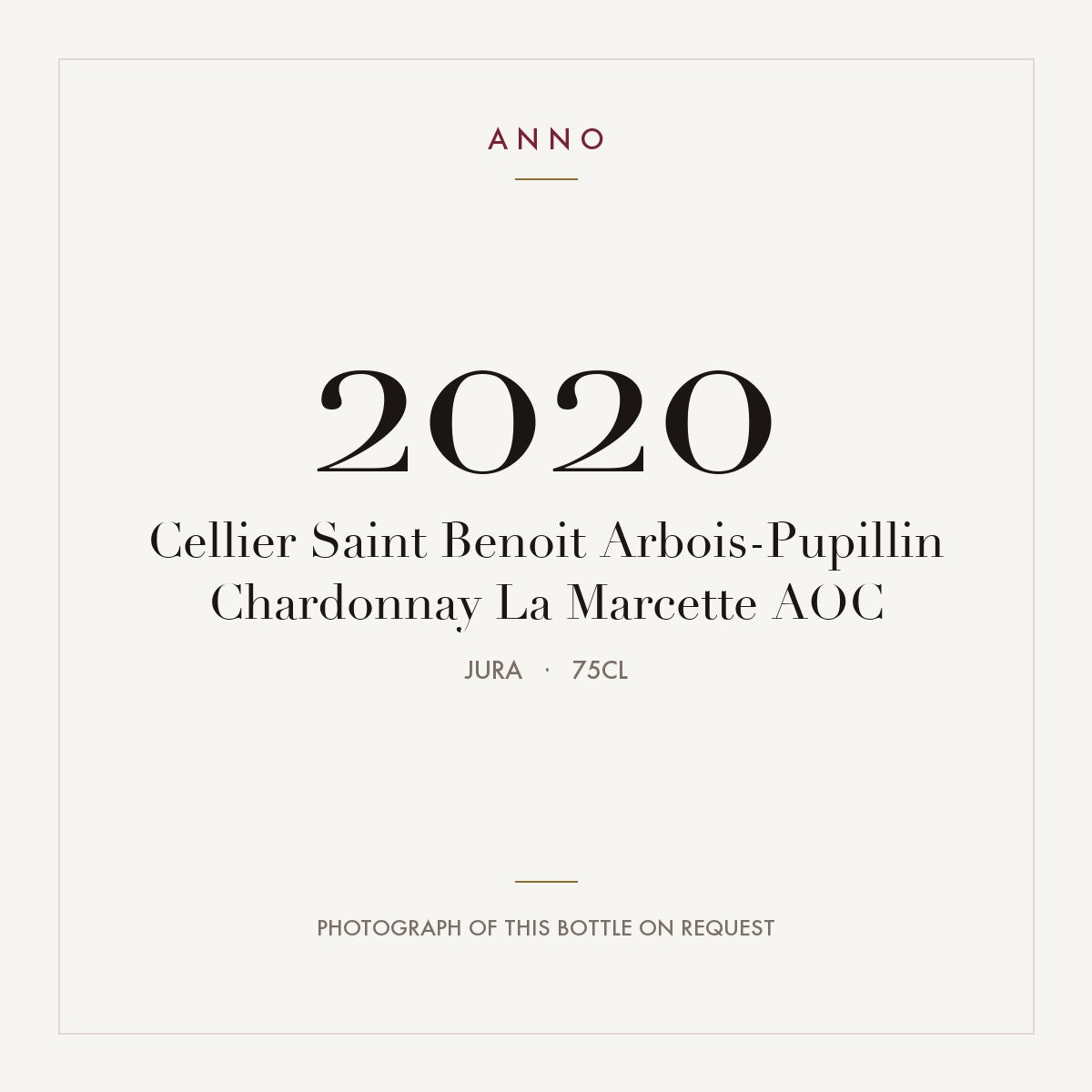 Cellier Saint Benoit Arbois-Pupillin Chardonnay La Marcette 2020 AOC 0,75l, Jura — cartão de colheita ANNO; fotografia da garrafa real disponível a pedido