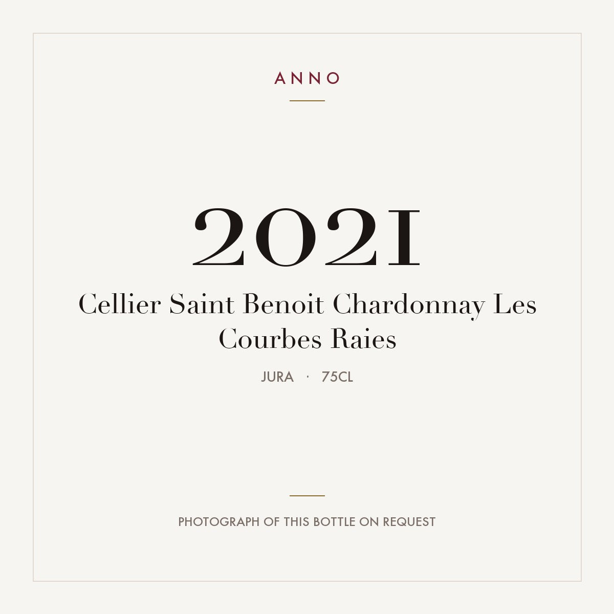 Cellier Saint Benoit Chardonnay Les Courbes Raies 2021 0,75l, Jura — cartão de colheita ANNO; fotografia da garrafa real disponível a pedido