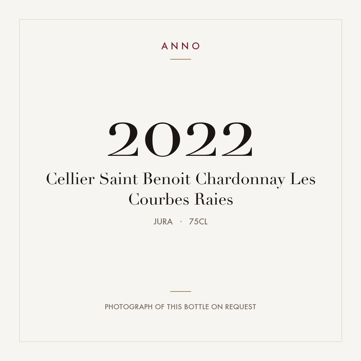 Cellier Saint Benoit Chardonnay Les Courbes Raies 2022 0,75l, Jura — cartão de colheita ANNO; fotografia da garrafa real disponível a pedido