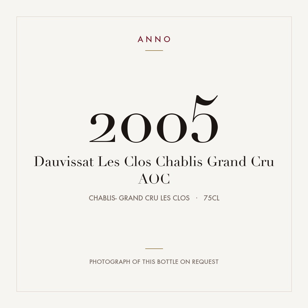Dauvissat Les Clos Chablis Grand Cru 2005 AOC 0,75l from Chablis- Grand Cru Les Clos — carte millésime ANNO ; photo de la bouteille réelle disponible sur demande