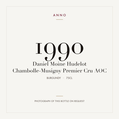 Daniel Moine Hudelot Chambolle-Musigny Premier Cru 1990 AOC 0,75l from Burgundy — ANNO vintage card; photograph of the actual bottle available on request
