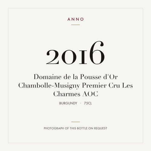 Domaine de la Pousse d'Or Chambolle-Musigny Premier Cru Les Charmes 2016 AOC 0,75l from Burgundy — ANNO vintage card; photograph of the actual bottle available on request