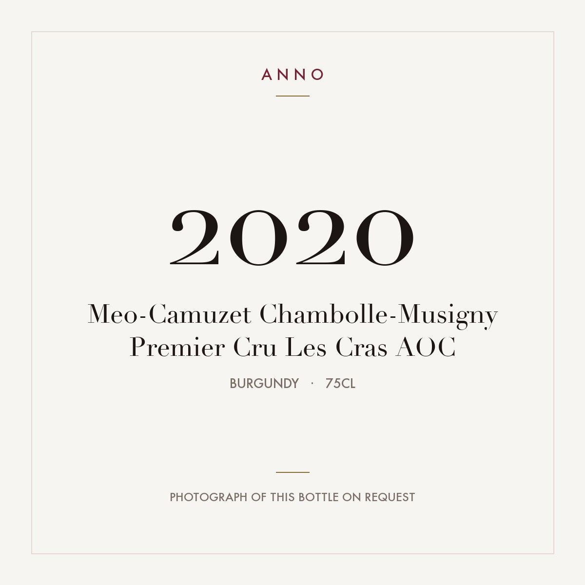 Me0-Camuzet Chambolle-Musigny Premier Cru Les Cras 2020 AOC 0,75l from Burgundy — ANNO vintage card; photograph of the actual bottle available on request