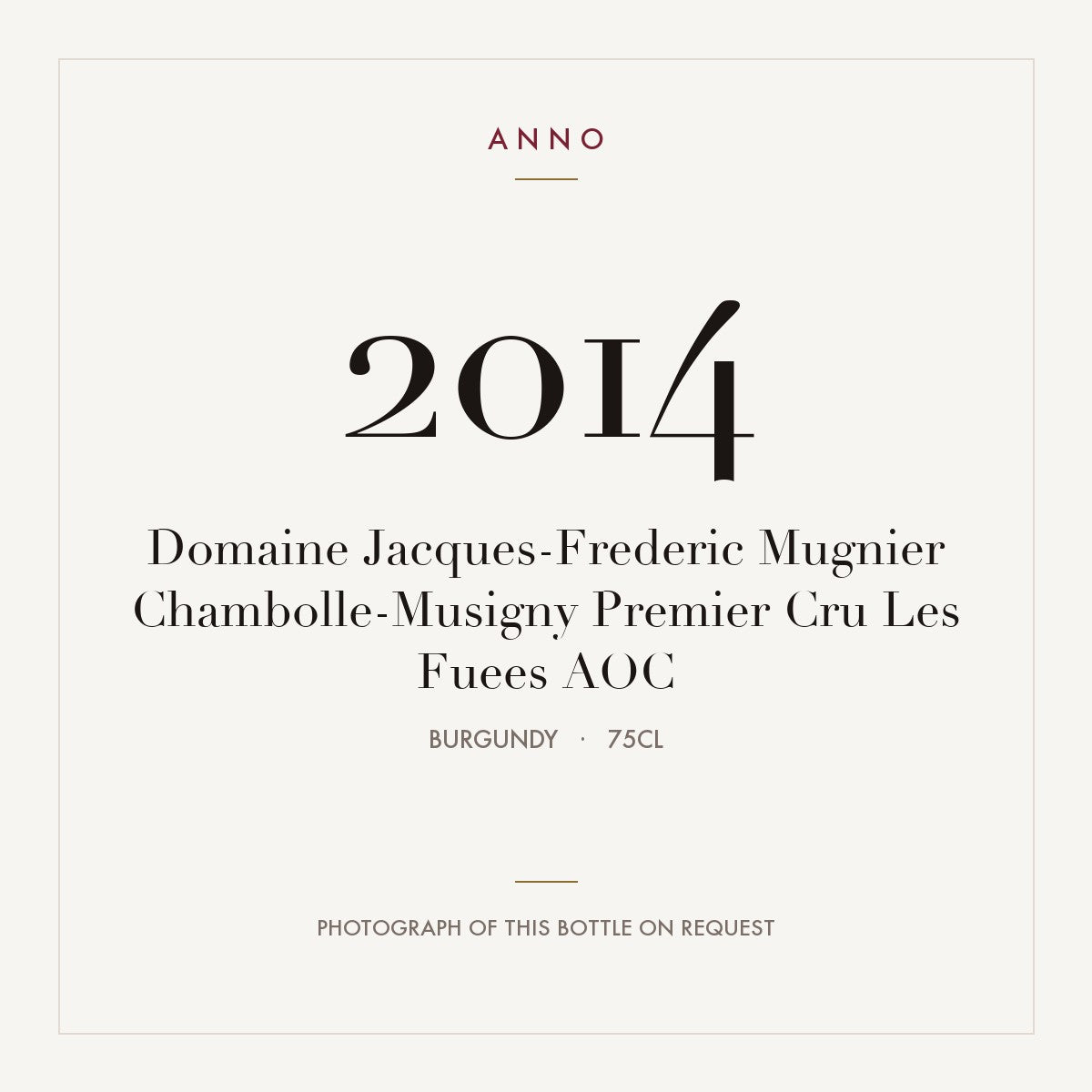 Domaine Jacques-Frederic Mugnier Chambolle-Musigny Premier Cru Les Fuees 2014 AOC 0,75l, Burgund — ANNO-Jahrgangskarte; Foto der tatsächlichen Flasche auf Anfrage