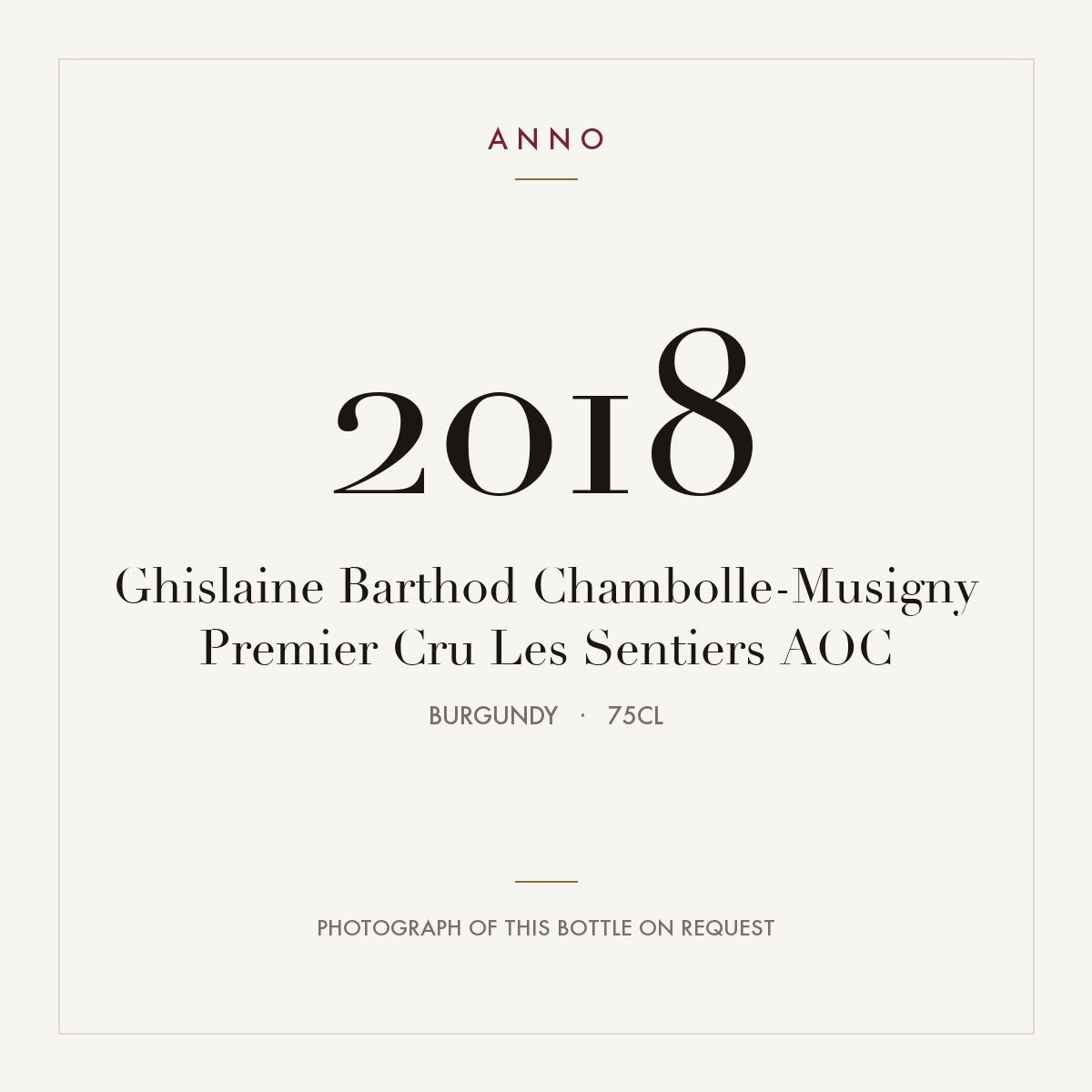 Ghislaine Barthod Chambolle-Musigny Premier Cru Les Sentiers 2018 AOC 0,75l from Burgundy — ANNO vintage card; photograph of the actual bottle available on request