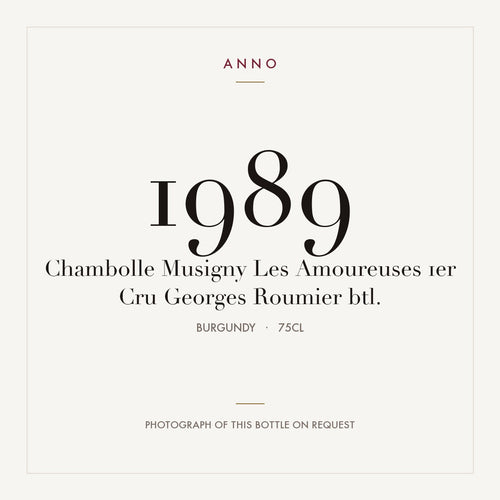Georges Roumier Chambolle-Musigny Premier Cru Les Amoureuses 1989 AOC 0,75l — card dell'annata ANNO; foto della bottiglia reale disponibile su richiesta