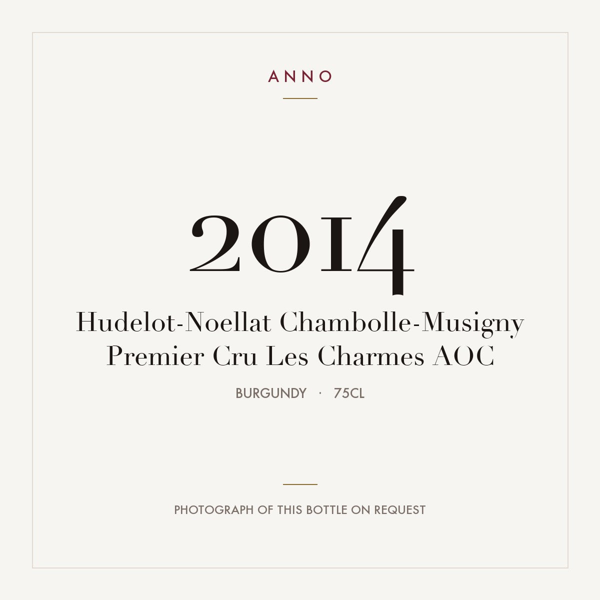 Hudelot-Noellat Chambolle-Musigny Premier Cru Les Charmes 2014 AOC 0,75l from Burgundy — ANNO vintage card; photograph of the actual bottle available on request