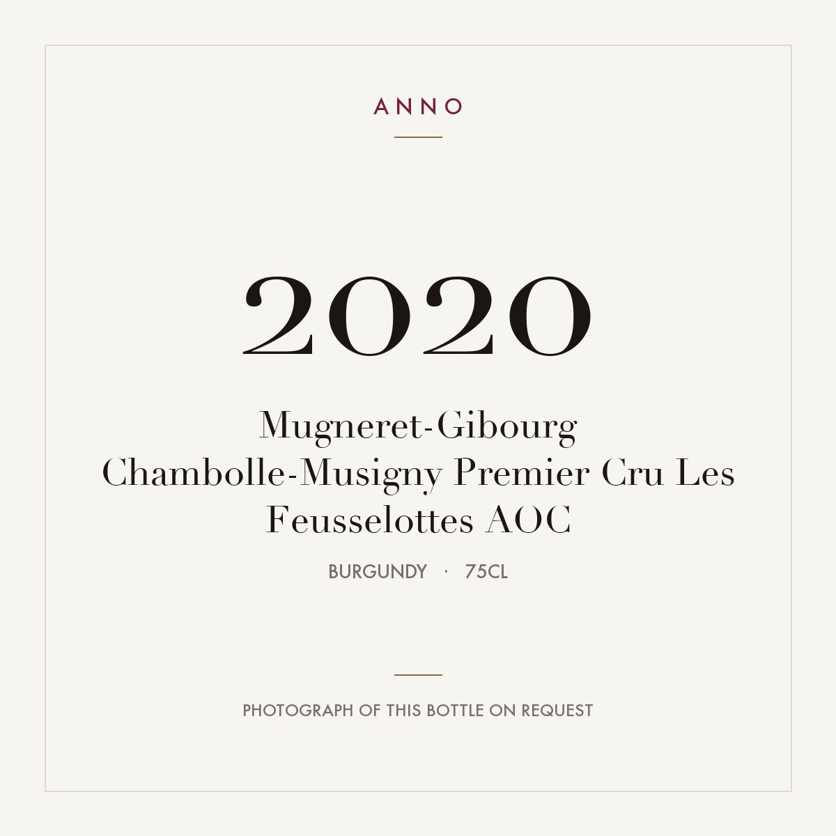 Mugneret-Gibourg Chambolle-Musigny Premier Cru Les Feusselottes 2020 AOC 0,75l from Burgundy — ANNO vintage card; photograph of the actual bottle available on request