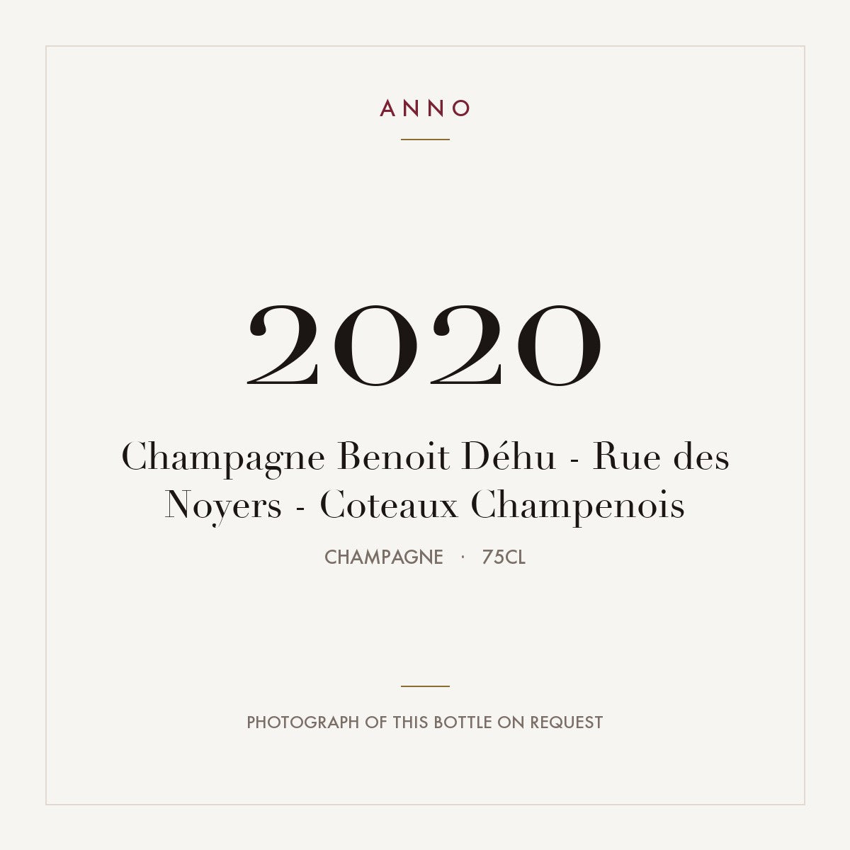 Benoit Dehu Rue des Noyers Coteaux Champenois 2020 AOC 0,75l — ANNO vintage card; photograph of the actual bottle available on request