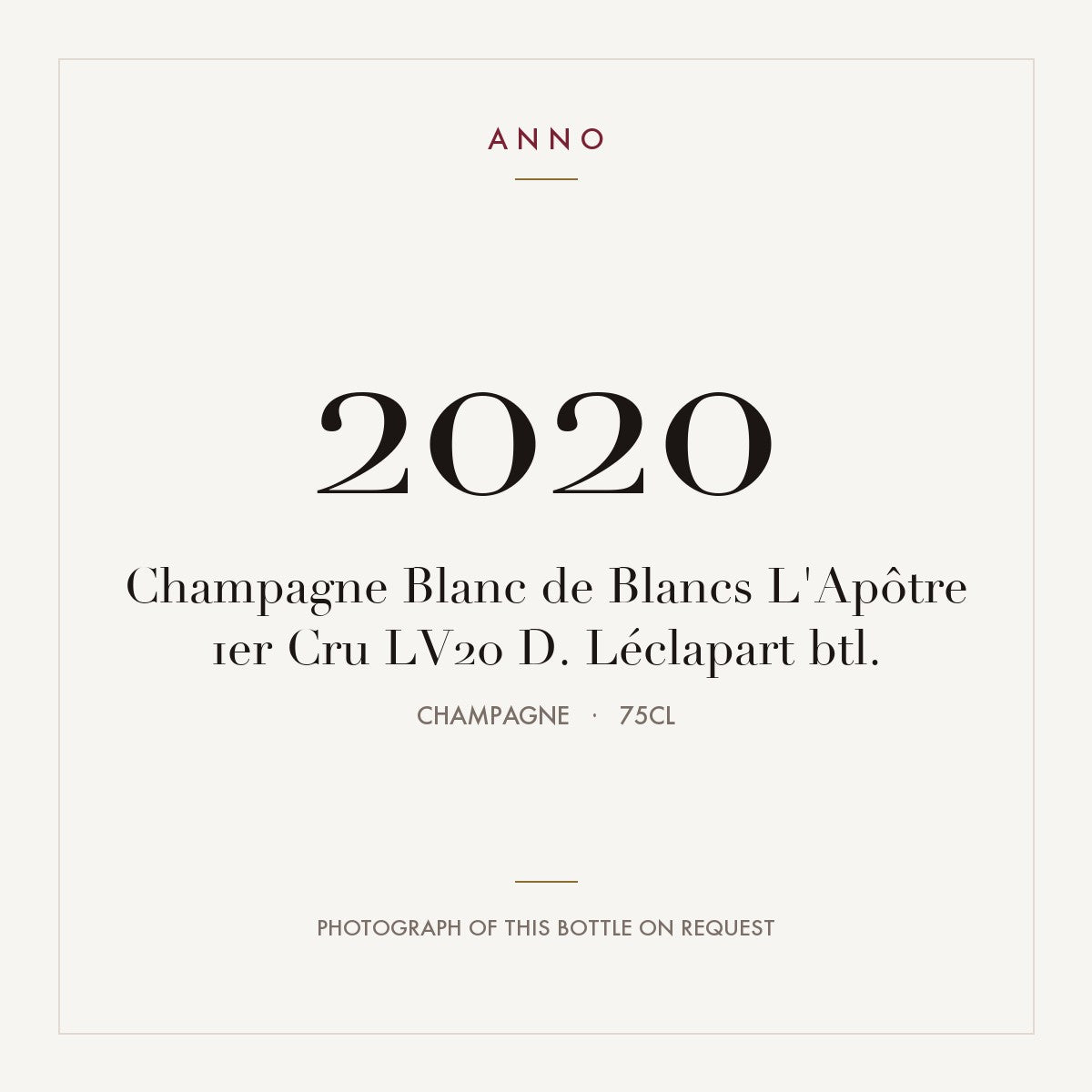David Leclapart Blanc de Blancs L'Apotre Champagne Premier Cru 2020 AOC 0,75l — ANNO vintage card; photograph of the actual bottle available on request