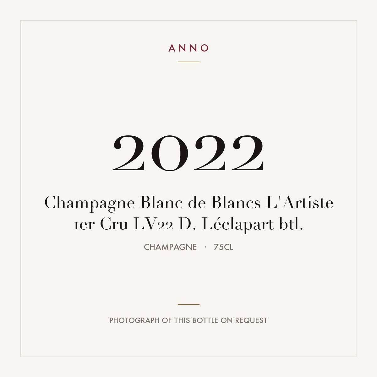 David Leclapart Blanc de Blancs L'Artiste Champagne Premier Cru 2022 AOC 0,75l — ANNO vintage card; photograph of the actual bottle available on request