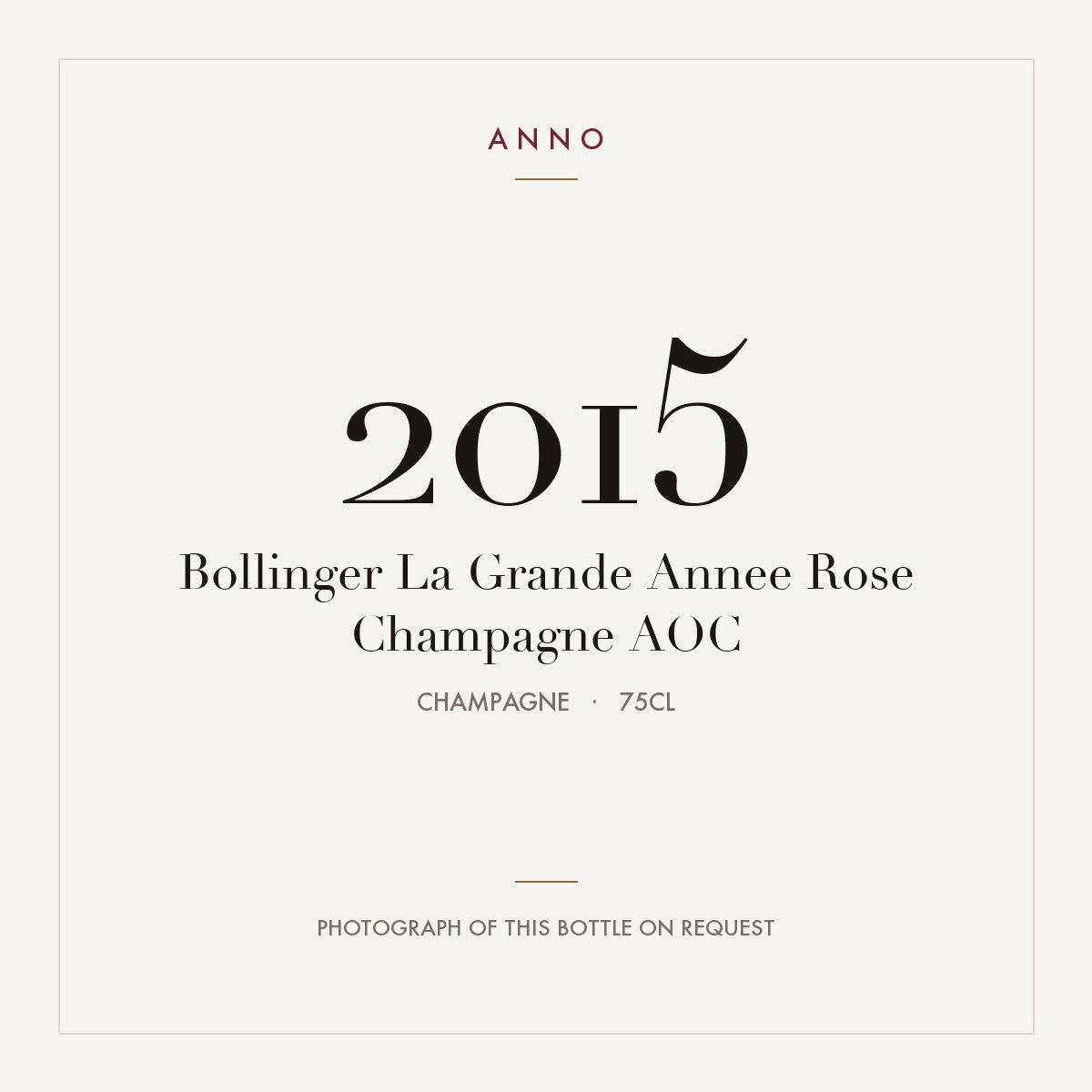 Bollinger La Grande Annee Rose Champagne 2015 AOC 0,75l, Шампань — карточка урожая ANNO; фото настоящей бутылки по запросу