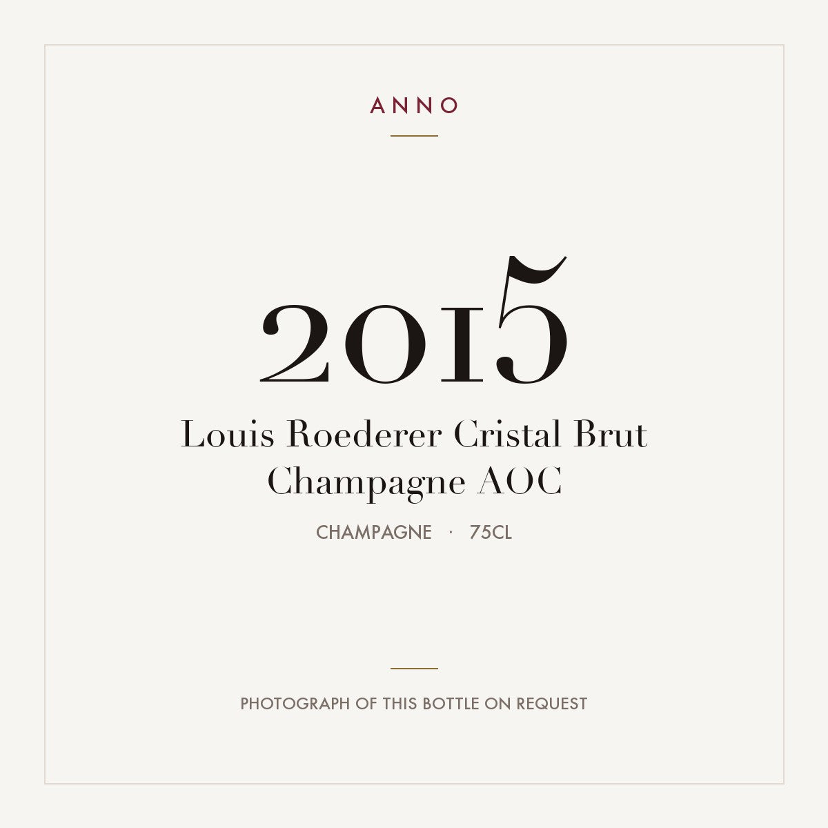 Louis Roederer Cristal Brut Champagne 2015 AOC 0,75l, Champagne — card dell'annata ANNO; foto della bottiglia reale disponibile su richiesta