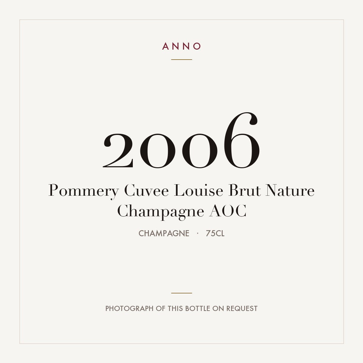 Pommery Cuvee Louise Brut Nature Champagne 2006 AOC 0,75l, Champagne — carte millésime ANNO ; photo de la bouteille réelle disponible sur demande