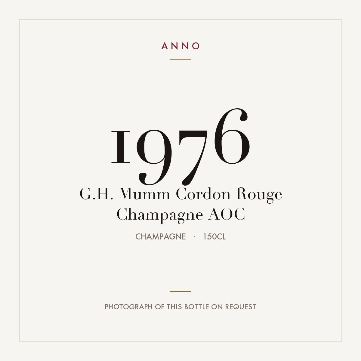 G.H. Mumm Cordon Rouge Champagne 1976 AOC 1,5l from Champagne — ANNO vintage card; photograph of the actual bottle available on request