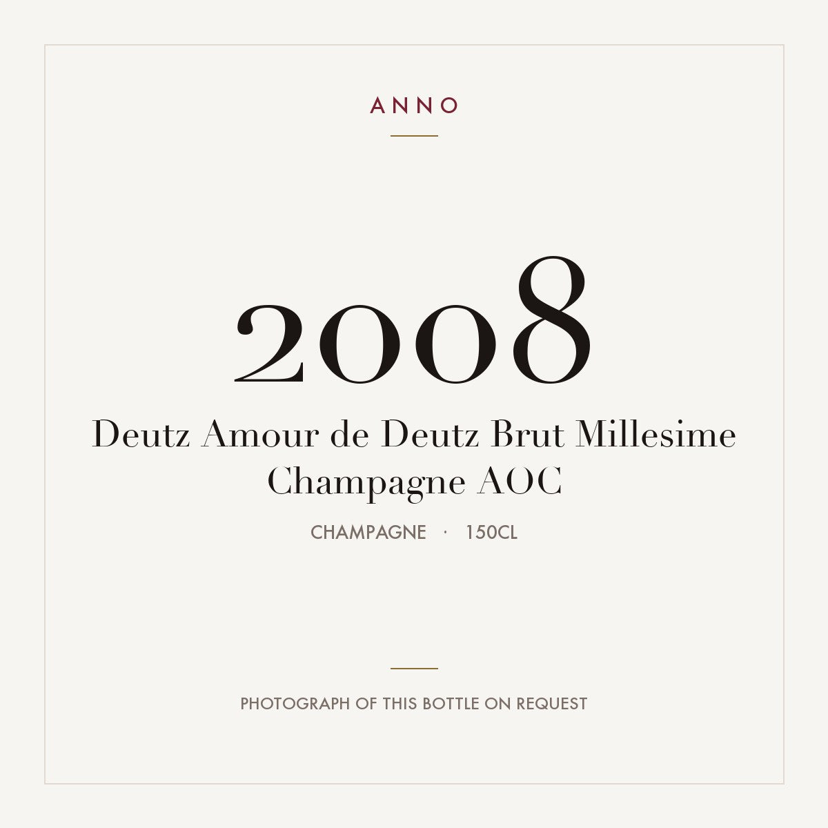 Deutz Amour de Deutz Brut Millesime Champagne 2008 AOC 1,5l, Champagne — card dell'annata ANNO; foto della bottiglia reale disponibile su richiesta