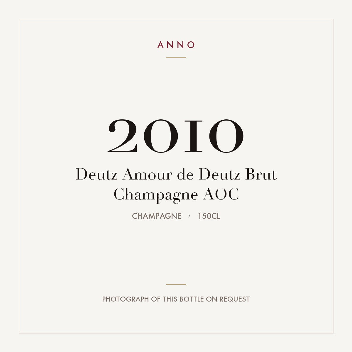 Deutz Amour de Deutz Brut Champagne 2010 AOC 1,5l, Champagne — carte millésime ANNO ; photo de la bouteille réelle disponible sur demande