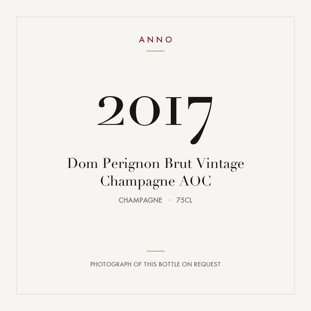 Dom Perignon Brut Vintage Champagne 2017 AOC 0,75l, Champagne — cartão de colheita ANNO; fotografia da garrafa real disponível a pedido