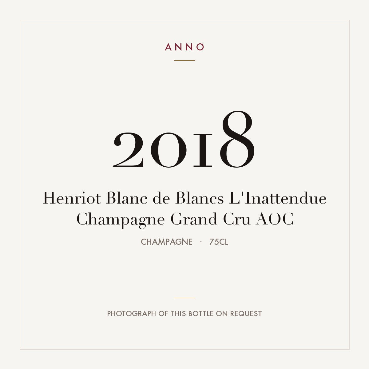 Henriot Blanc de Blancs L'Inattendue Champagne Grand Cru 2018 AOC 0,75l from Champagne — ANNO vintage card; photograph of the actual bottle available on request