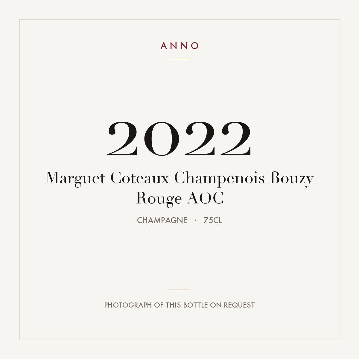 Marguet Coteaux Champenois Bouzy Rouge 2022 AOC 0,75l, Champagne — cartão de colheita ANNO; fotografia da garrafa real disponível a pedido