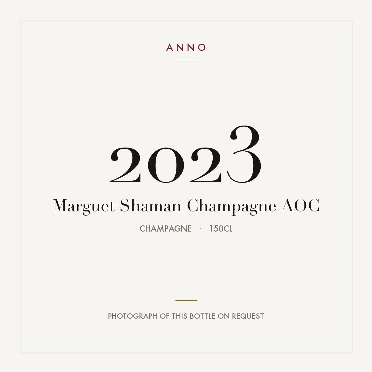 Marguet Shaman Champagne 2023 AOC 1,5l, Champagne — card dell'annata ANNO; foto della bottiglia reale disponibile su richiesta