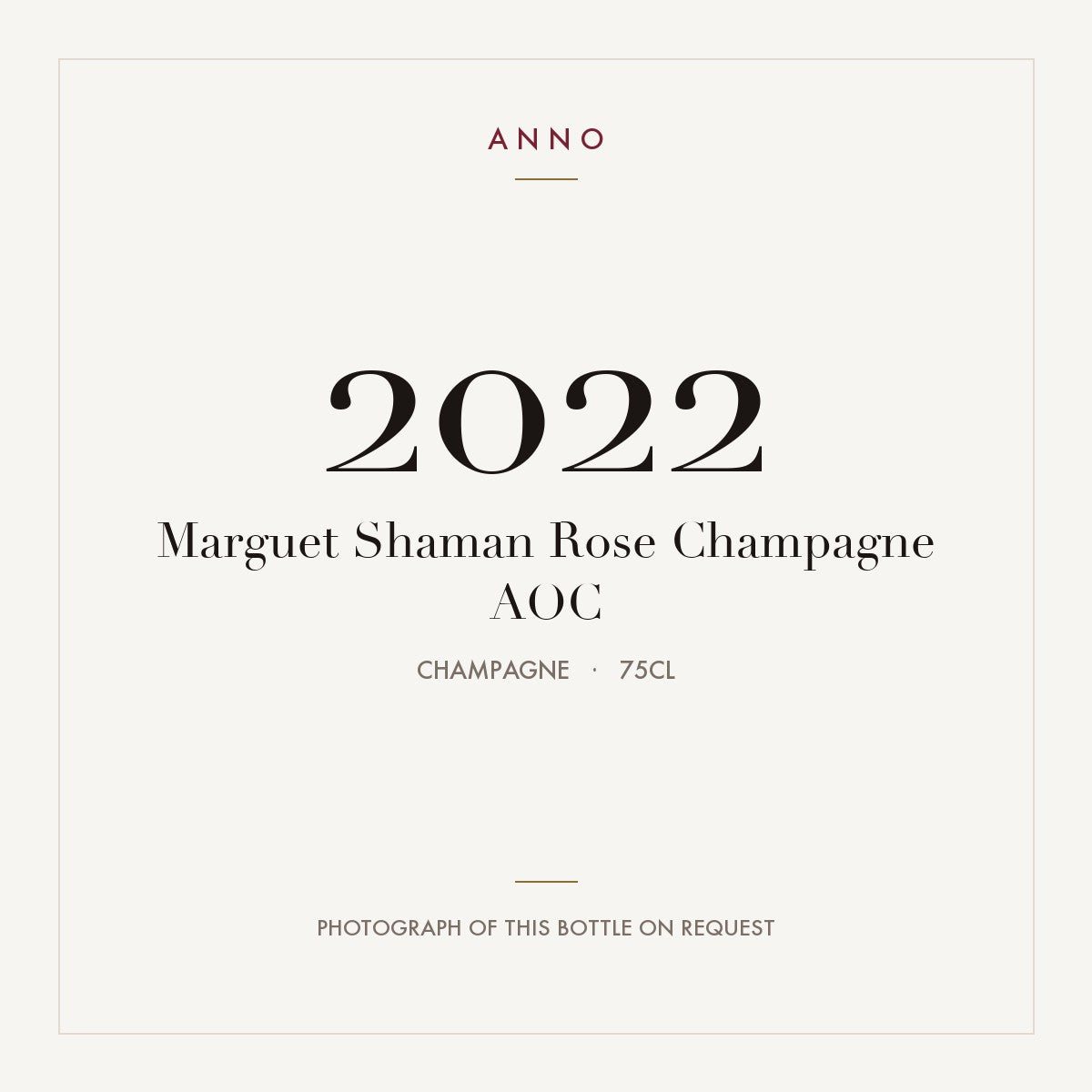 Marguet Shaman Rose Champagne 2022 AOC 0,75l, Champagne — cartão de colheita ANNO; fotografia da garrafa real disponível a pedido