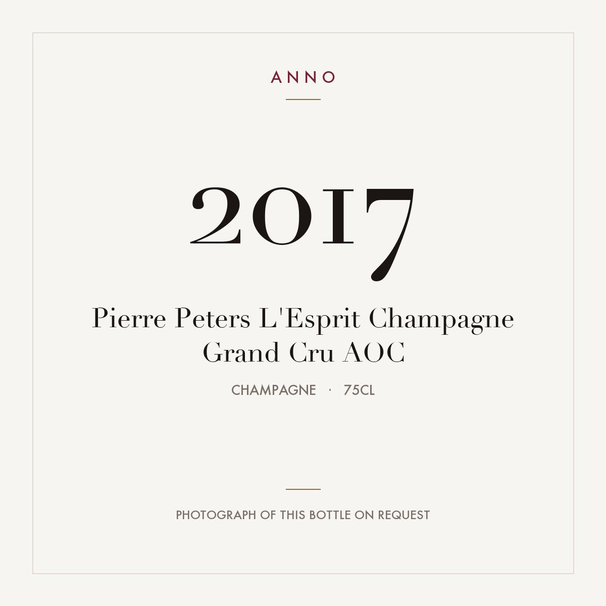 Pierre Peters L'Esprit Champagne Grand Cru 2017 AOC 0,75l, Champagne — cartão de colheita ANNO; fotografia da garrafa real disponível a pedido